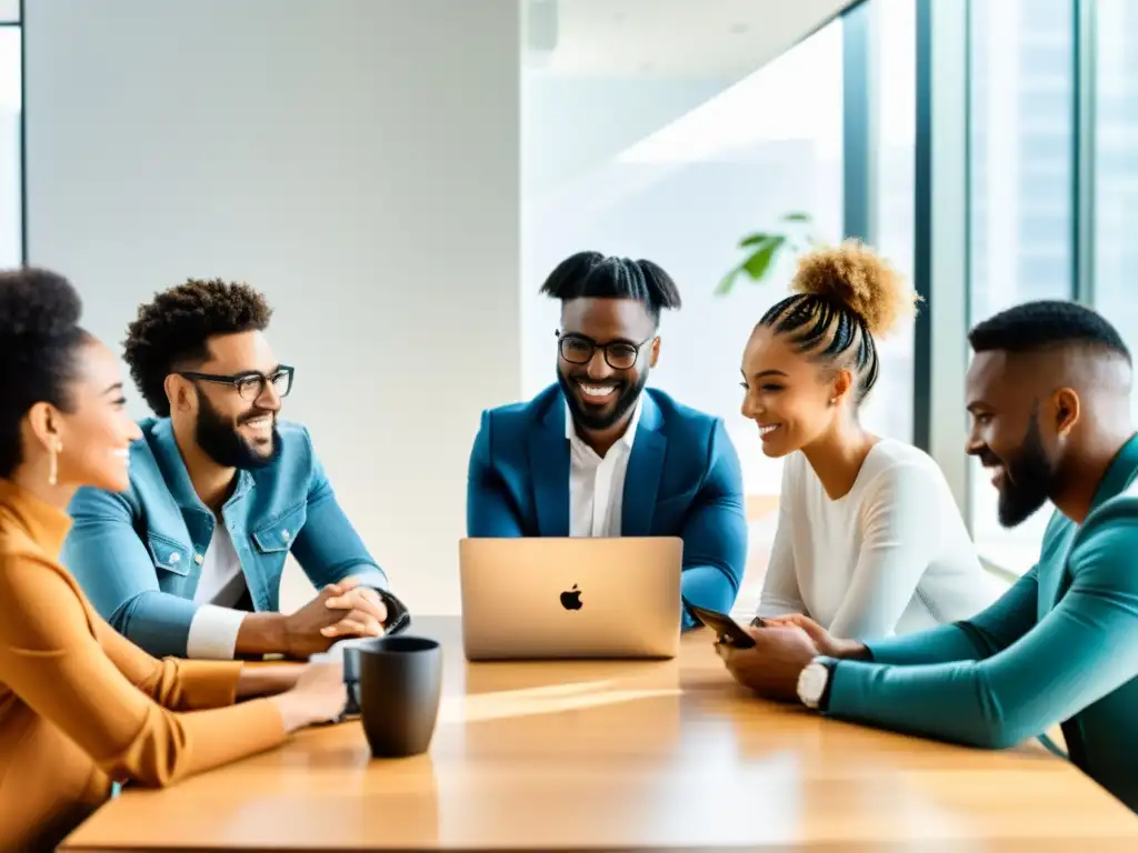 Influencers de tecnología debaten estrategias de transformación digital 'Tech influencers en transformación digital colaborando en estrategias innovadoras en un entorno profesional y luminoso