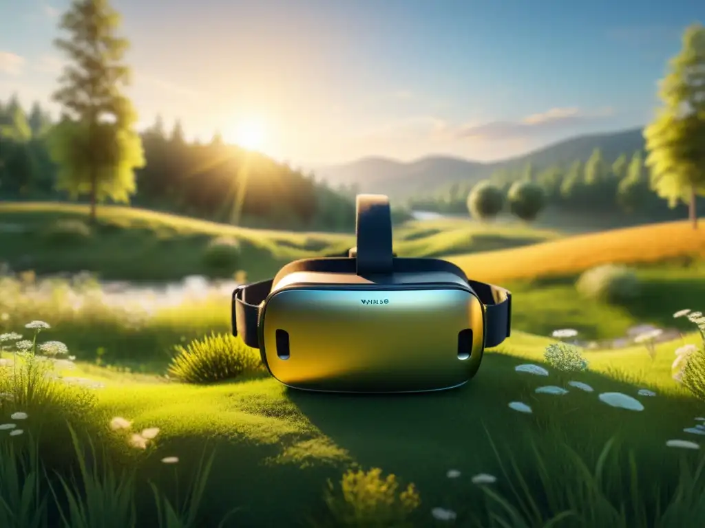 Disfruta de técnicas de mindfulness con realidad virtual en un sereno paisaje de prado, arroyo y árboles bajo un cielo despejado y cálido