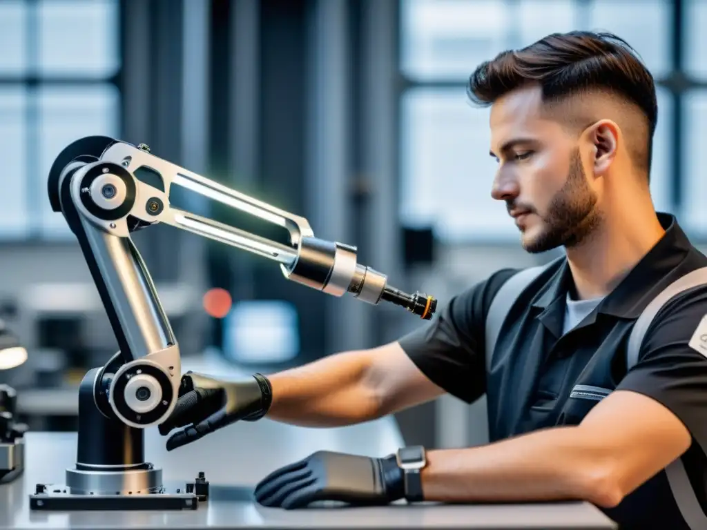 Un técnico realiza el mantenimiento de un brazo robótico en un taller limpio y bien iluminado, transmitiendo precisión y experiencia