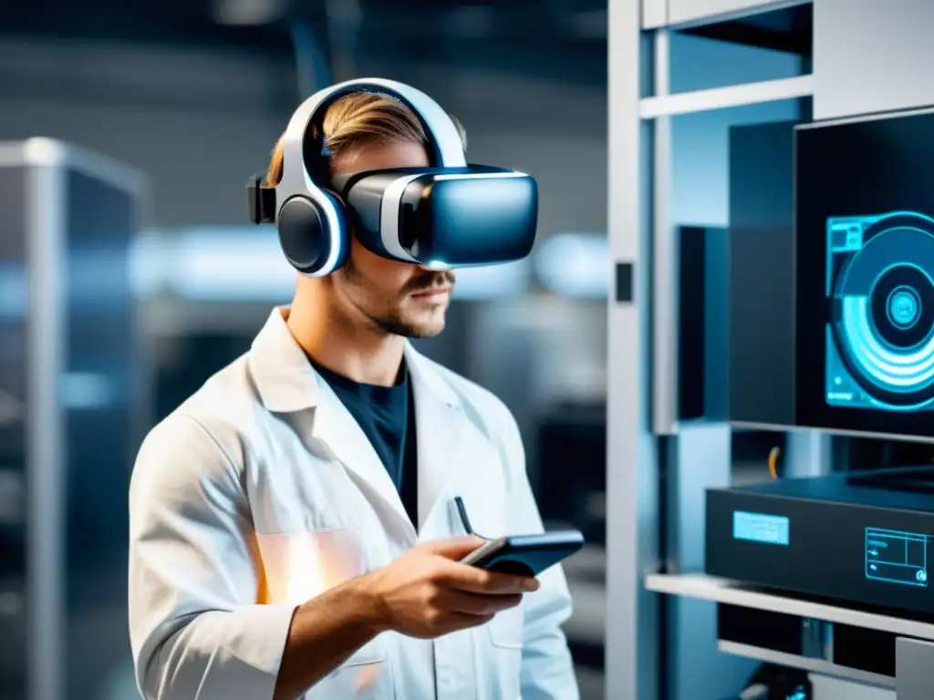 Un técnico usa realidad virtual y dispositivo para reparación y diagnóstico remoto con 5G en un entorno futurista y minimalista