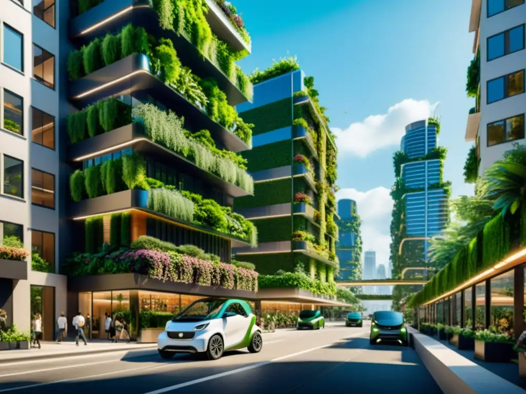 Tecnologías emergentes para ciudades inteligentes: Futurista ciudad con edificios sostenibles, jardines verticales y vehículos eléctricos