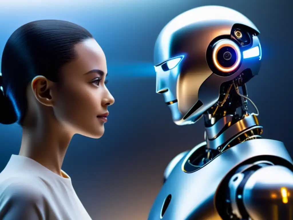 Interacción humano-robot en entorno tecnológico Interacción hombre robot tecnologías emergentes: Imagen futurista de un humano y un robot interactuando en un entorno tecnológico avanzado y armonioso