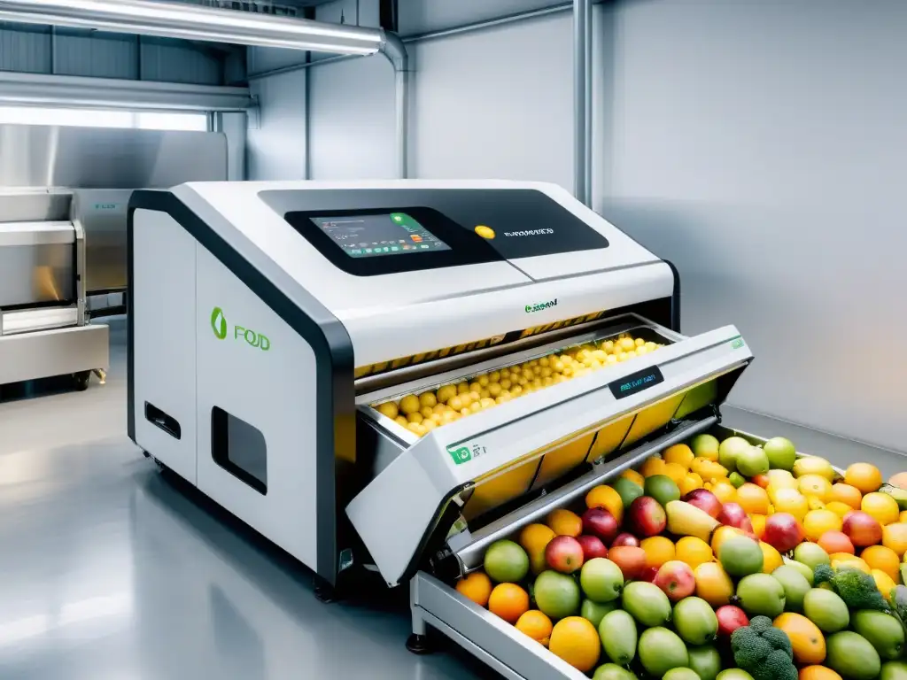 Tecnologías emergentes para reducción desperdicio alimentario: Máquina AI clasificando frutas y verduras en entorno industrial blanco y minimalista