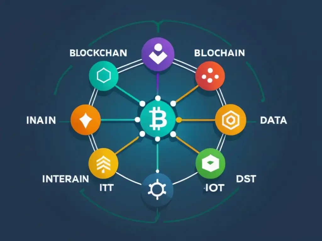 Interconexión de sidechains en tecnologías emergentes, representada en ilustración minimalista con líneas vibrantes y pulsantes