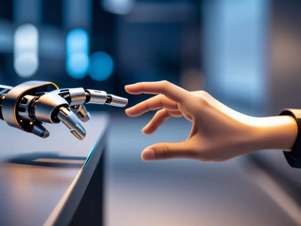 Unión emocional: mano humana y robótica en un futuro limpio Interacción hombre robot tecnologías emergentes: Un toque humano alcanza a una mano robótica en un entorno futurista, fusionando calidez y tecnología