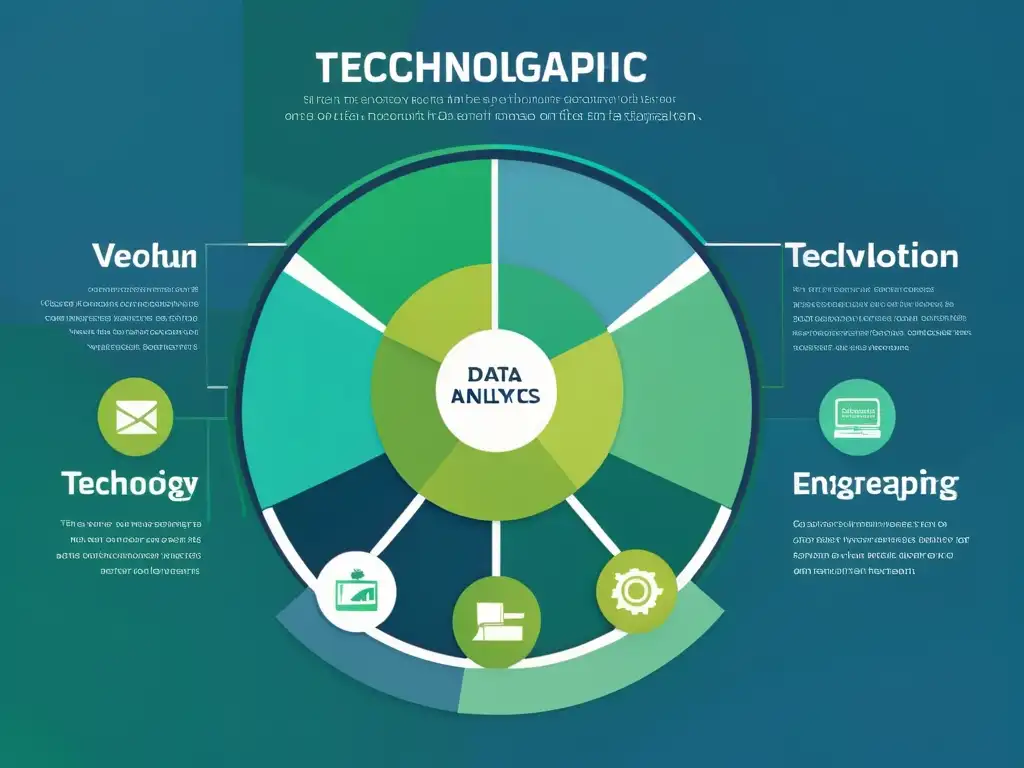 Infografía tecnológica educativa sobre marketing digital, con diseño moderno y paleta de colores armoniosa, transmitiendo innovación y precisión