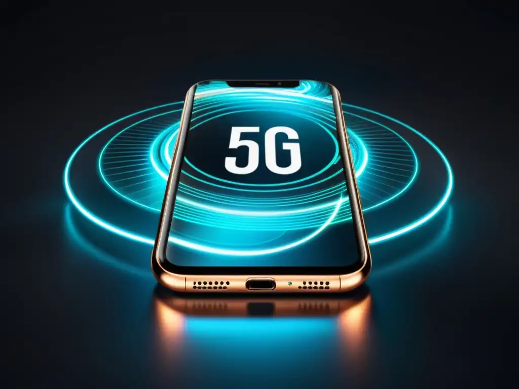 Teléfono futurista con pantalla translúcida mostrando un icono de candado digital rodeado de datos, simbolizando la privacidad en la era del 5G