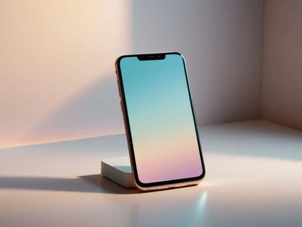 Un teléfono inteligente en un entorno minimalista, con iluminación suave y diseño moderno