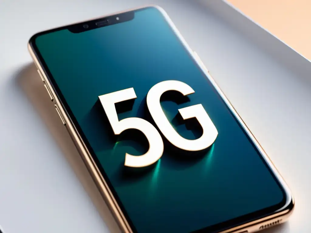 Un teléfono inteligente futurista con símbolo 5G en pantalla, en un entorno minimalista que fomenta innovación tecnológica