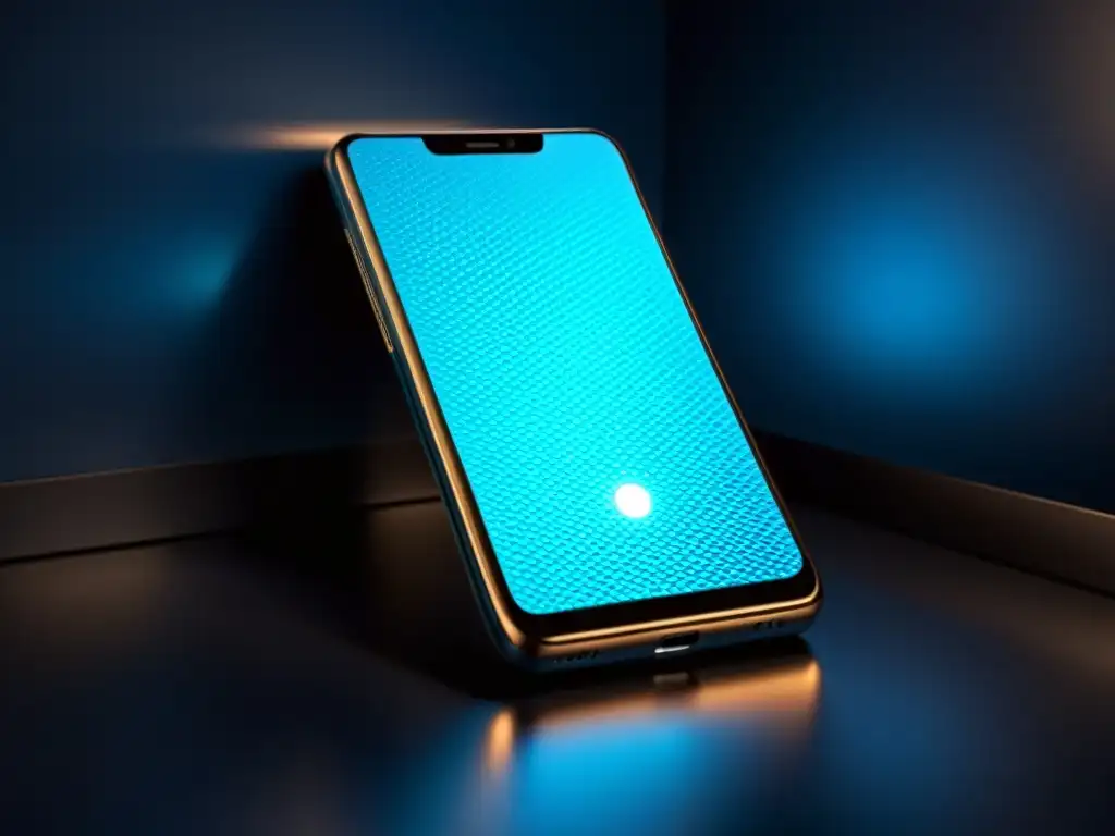 Teléfono móvil elegante con cerradura digital emitiendo un suave brillo azul en una habitación tenue