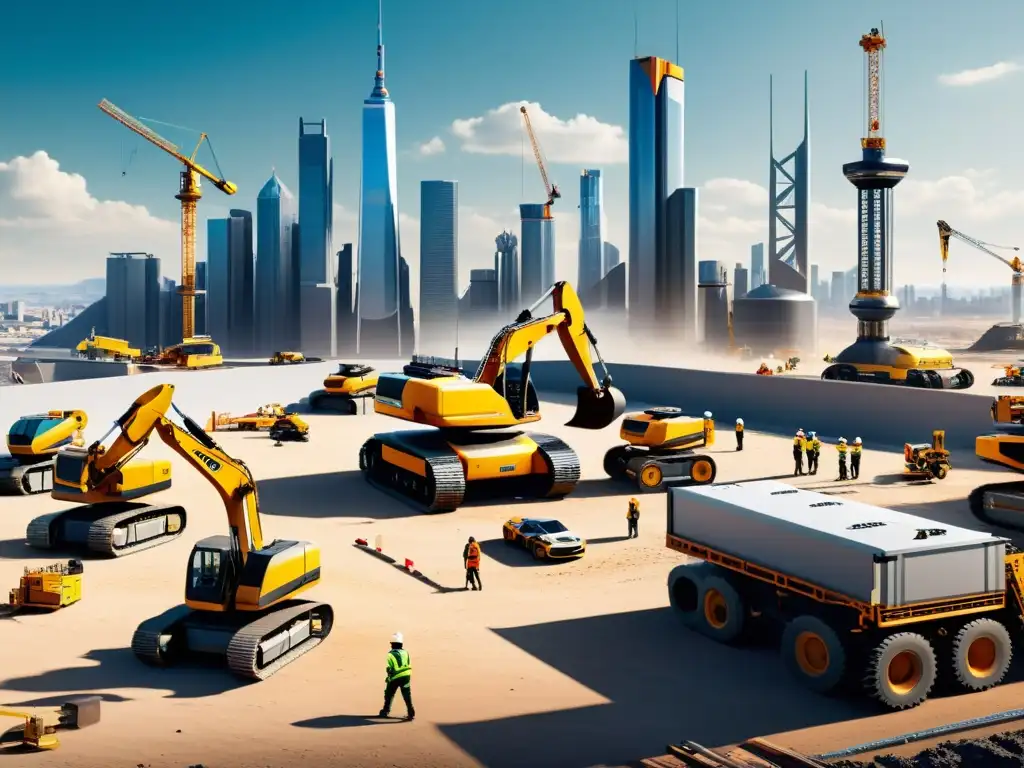 Tendencias de robótica en construcción: imagen futurista de un sitio de construcción con robots y trabajadores humanos integrados