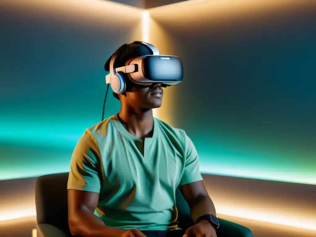 Terapia ocupacional con realidad virtual: Persona inmersa en rehabilitación virtual, con auriculares y ambiente calmado