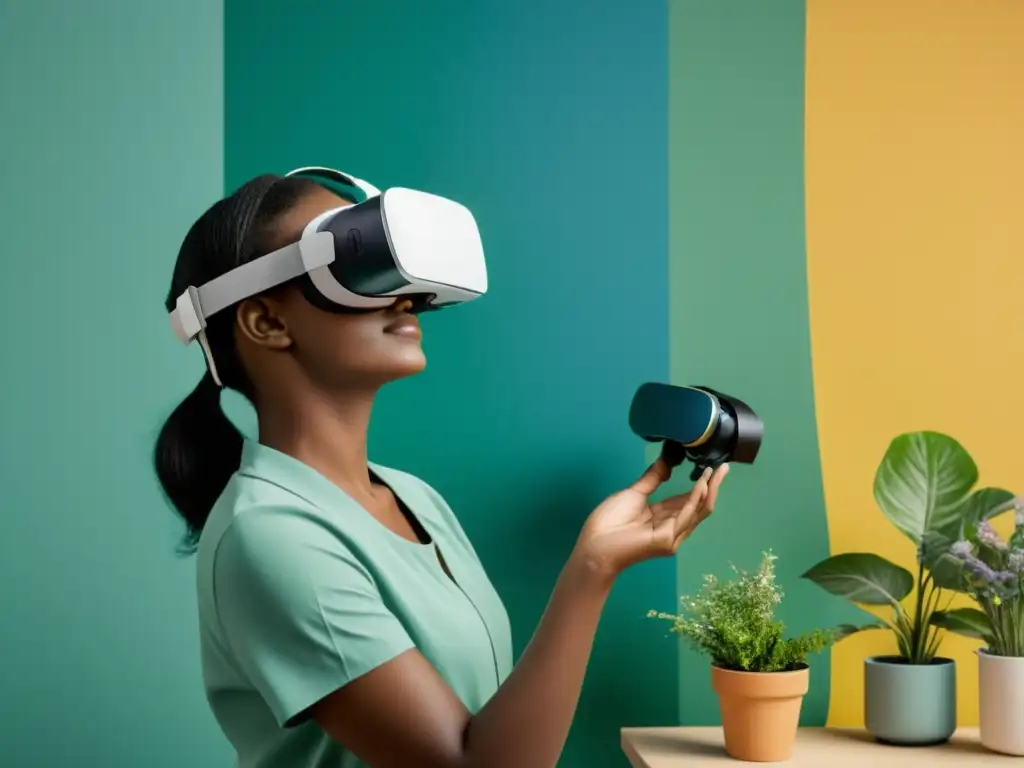 Terapia ocupacional con realidad virtual: persona inmersa en un entorno digital sereno, realizando actividades terapéuticas como pintura o jardinería