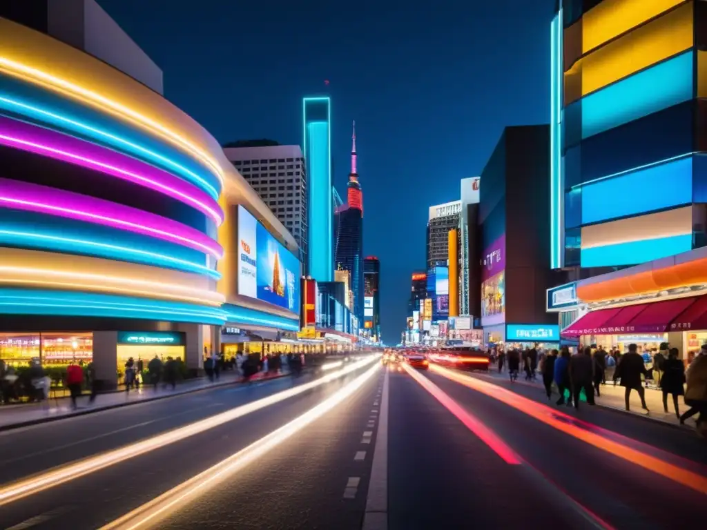 Vibrante ciudad nocturna: luces de neón y movimiento Reportando en tiempo real con 5G: Una bulliciosa calle de la ciudad de noche, iluminada por el resplandor de luces de neón y llena de actividad