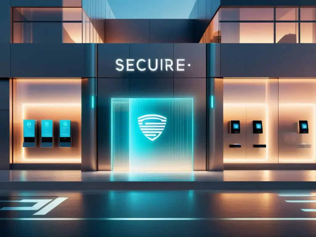 Una tienda digital futurista y segura con actualizaciones de seguridad para eCommerce, integrando el comercio físico y digital