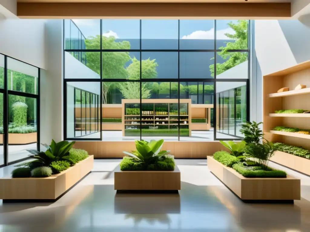 Tienda ecoamigable con diseño moderno rodeada de vegetación, muestra productos sostenibles en su interior