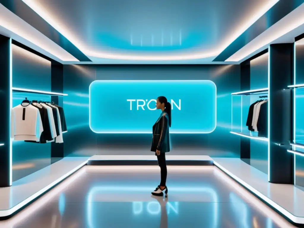 Tienda de ropa futurista: prueba virtual y tecnología AR Tienda futurista de ropa con tecnología de realidad aumentada y displays holográficos