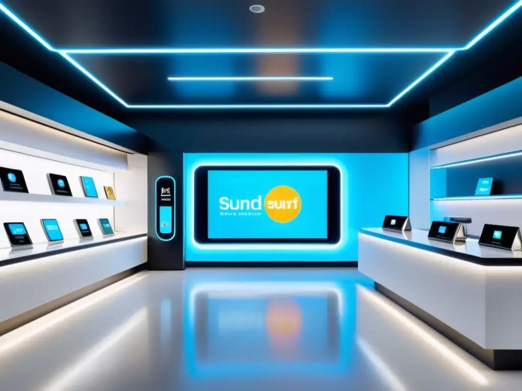 Una tienda futurista con tecnologías emergentes en retail, displays digitales interactivos, asistentes AI y opciones de pago móvil