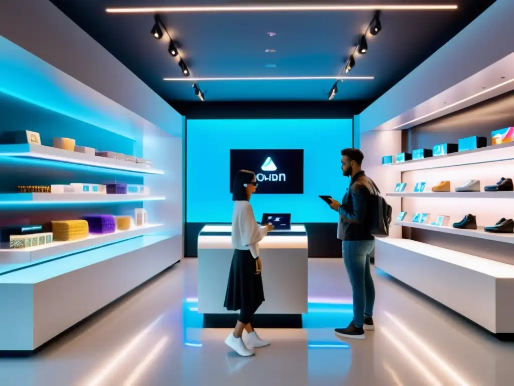 Tienda futurista con tecnologías emergentes en retail, hologramas, AR, y asistente robótico, crea una atmósfera vanguardista y acogedora