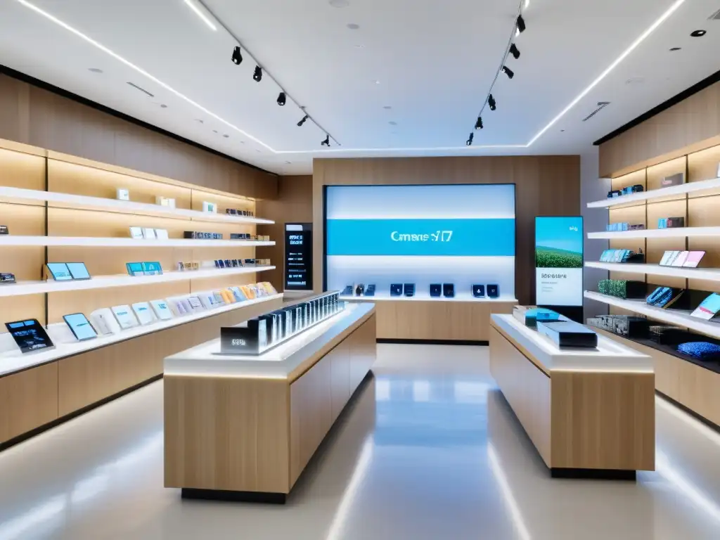 Una tienda minorista moderna y elegante, con pantallas interactivas y productos personalizados, iluminada con luz natural