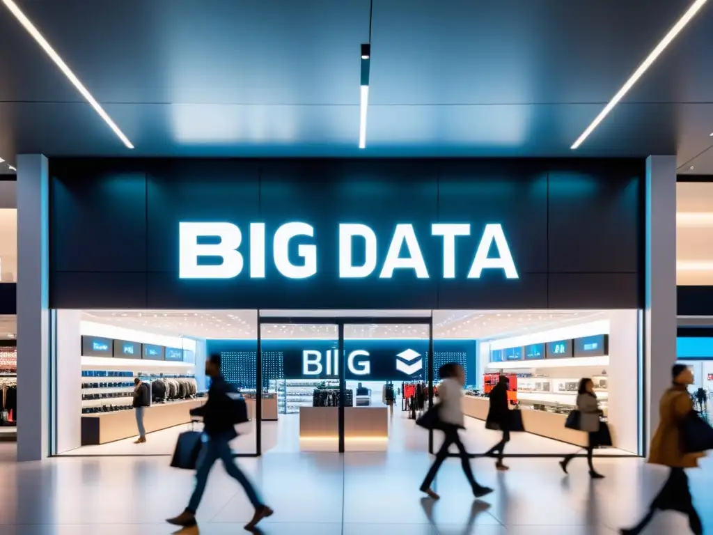 Una tienda minorista moderna con un gran letrero iluminado de 'Big Data' sobre la entrada