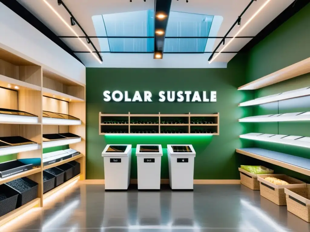 Tienda moderna con iluminación LED eficiente, paneles solares y productos ecoamigables