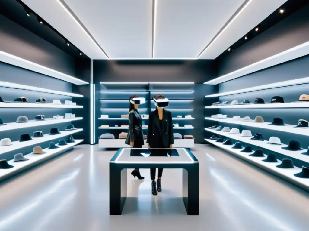 Tienda de moda futurista con realidad virtual Tienda de ropa futurista con realidad aumentada y tecnología, clientes probando prendas virtuales en elegante ambiente minimalista