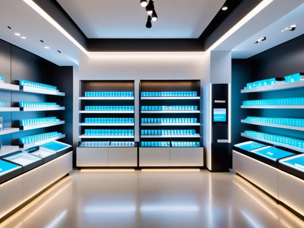 Tienda con tecnologías emergentes en retail, iluminación suave y decoración minimalista