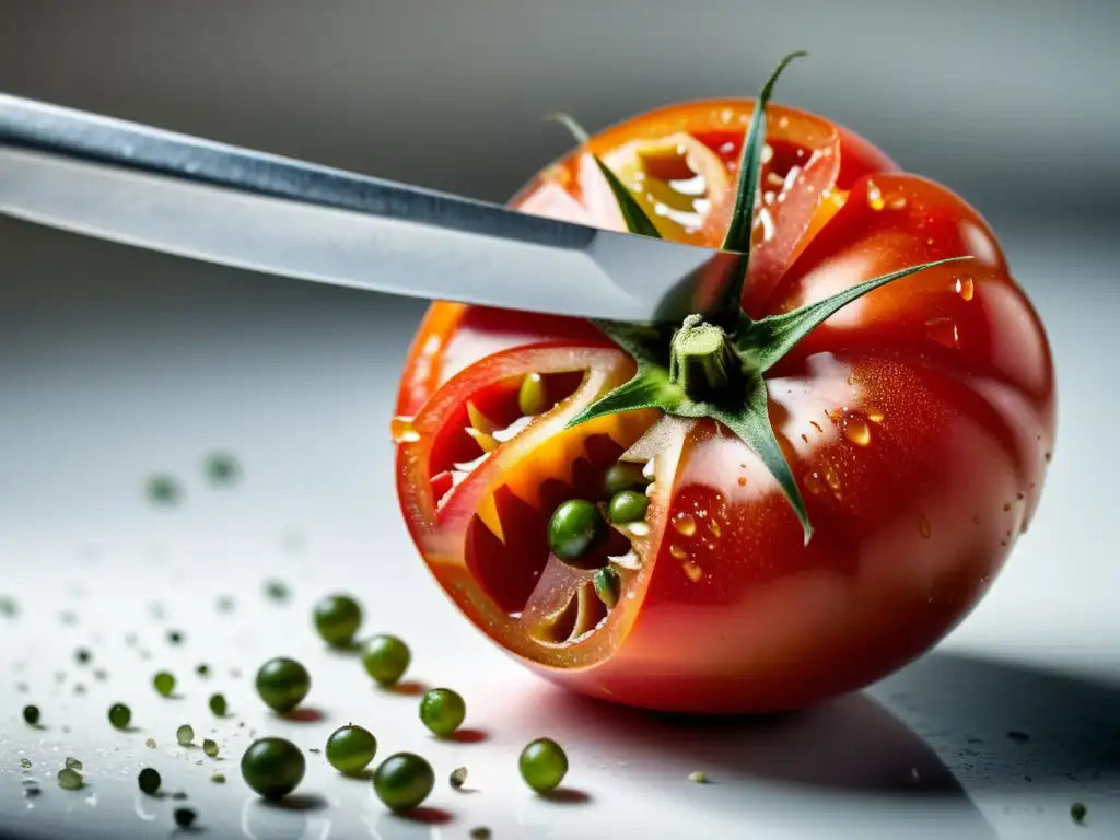 Tomate maduro siendo cortado con un cuchillo afilado sobre tabla blanca