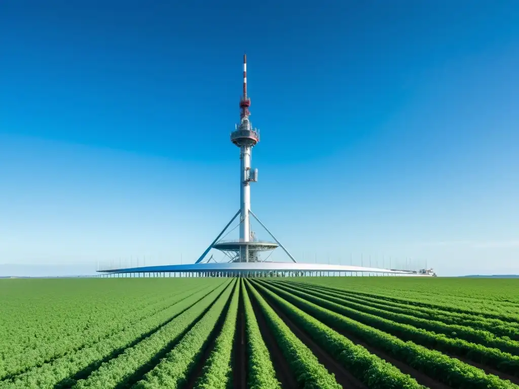 Una torre de comunicación 5G se alza sobre un campo agrícola, integrando tecnología puntera en el entorno rural