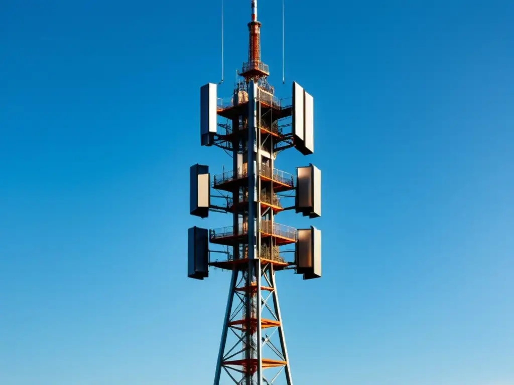 Una torre de celda 5G moderna y elegante se funde en el paisaje, destacando el impacto sostenible de la tecnología 5G bajo el cielo azul claro