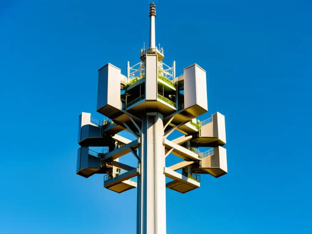 Una torre de celular 5G se destaca contra un cielo azul, con diseño moderno y tecnología avanzada