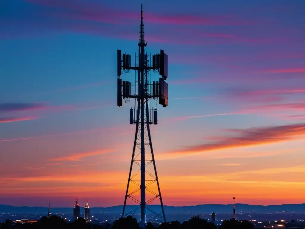 Una torre celular 5G al atardecer, con luces de la ciudad debajo