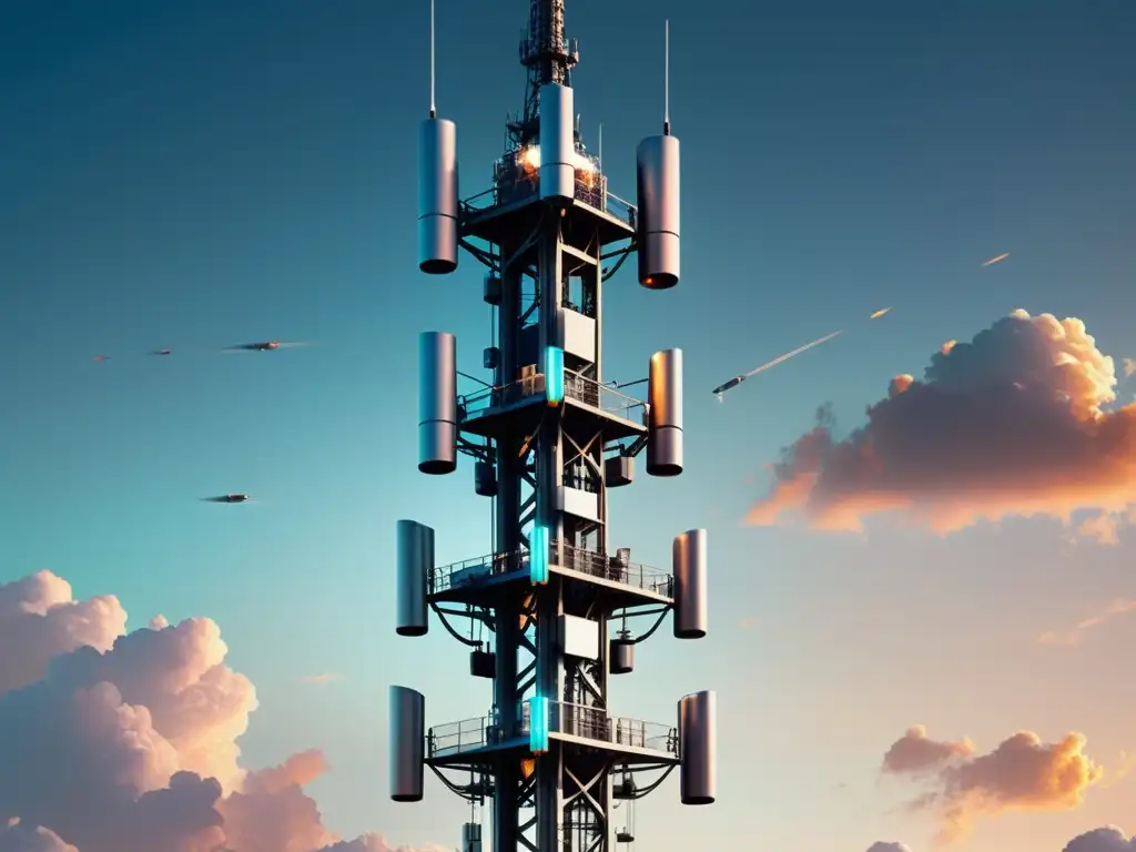 Torre 5G futurista y dispositivos interconectados en red Una torre de celular 5G futurista rodeada de dispositivos interconectados en una paleta de colores suaves, mostrando la interoperabilidad en 5G
