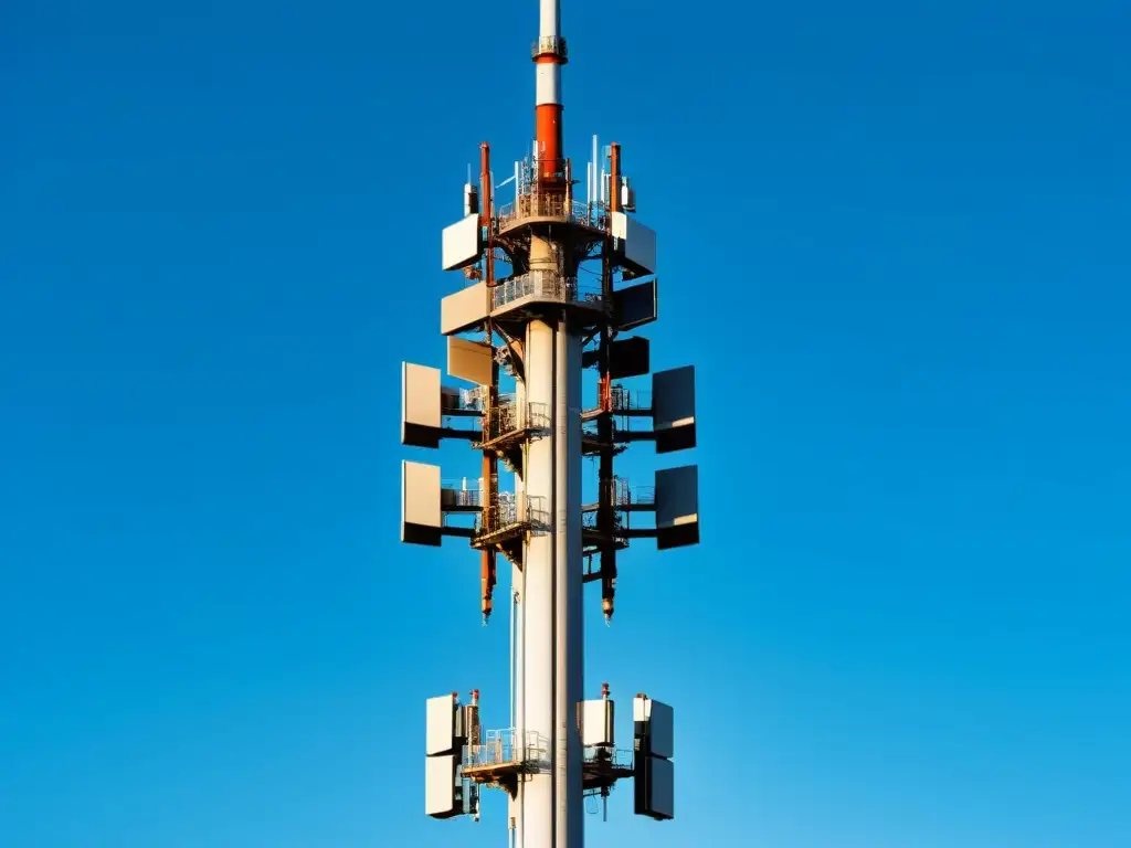 Torre de celulares 5G moderna y minimalista, simbolizando avances y obligaciones legales de operadoras de tecnología 5G