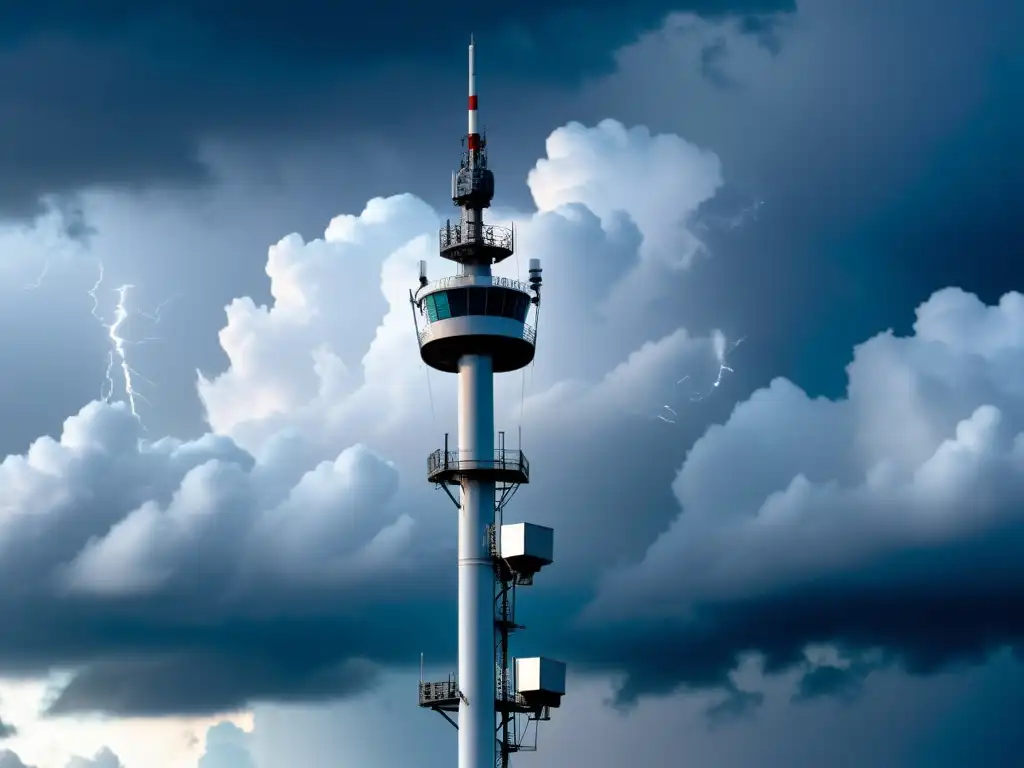 Una torre de comunicación 5G en un cielo tormentoso, resaltando la importancia del 5G en emergencias