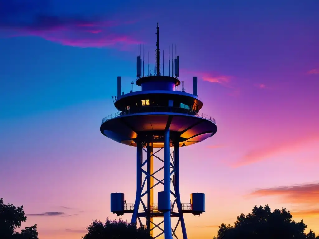 Torre 5G en atardecer vibrante, con paisaje en silueta