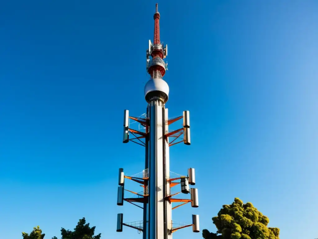 Una torre 5G emerge en un cielo azul, con diseño moderno y árboles, un símbolo de tecnologías emergentes 5G conectividad duradera