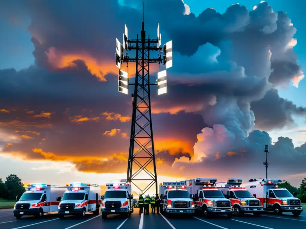 Una torre 5G destaca contra el cielo dramático, rodeada de vehículos y personal de emergencia, mostrando la importancia del 5G en emergencias