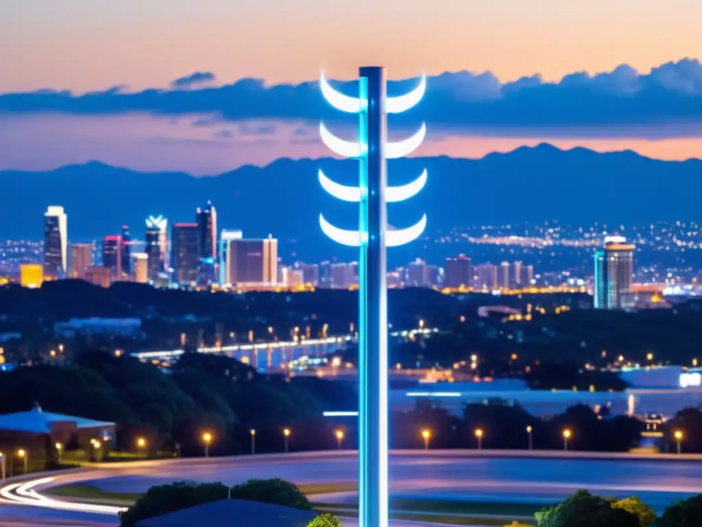 Una torre 5G de diseño moderno se integra perfectamente en el paisaje urbano al anochecer, iluminada con elegancia