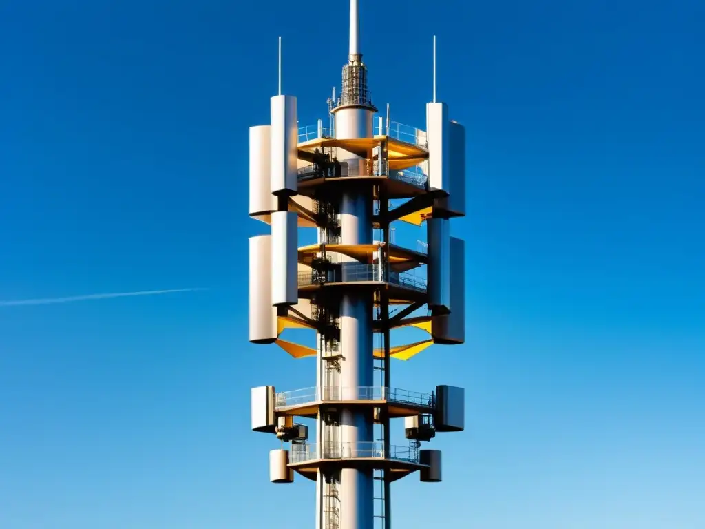 Una torre microcelular 5G de diseño moderno destaca contra el cielo azul, emitiendo una luz etérea