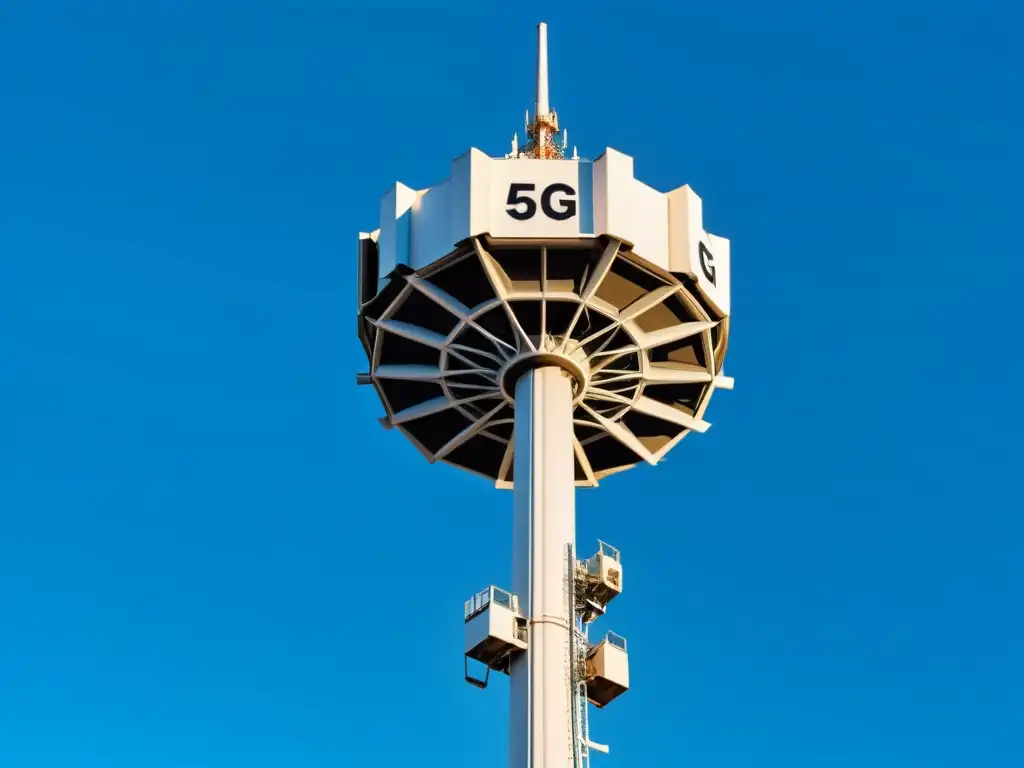 Una torre 5G de diseño moderno se alza contra un cielo azul, evocando avance tecnológico