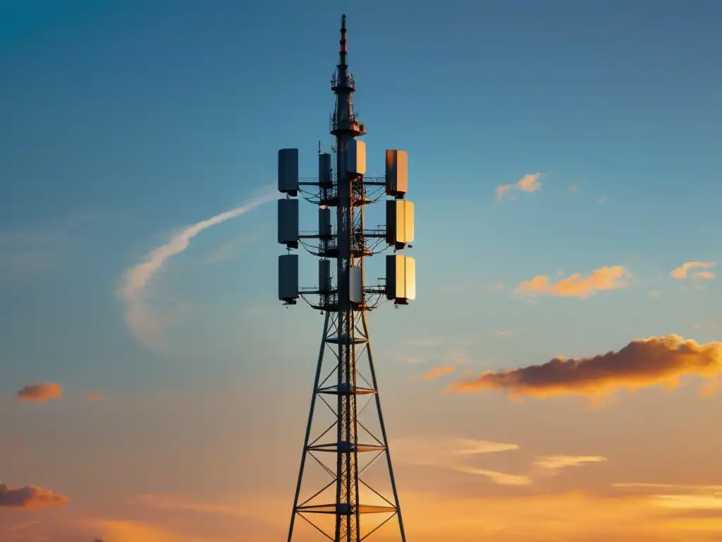 Torre 5G emergente resplandece al atardecer, fusionando tecnologías emergentes 5G conectividad duradera con la serenidad natural