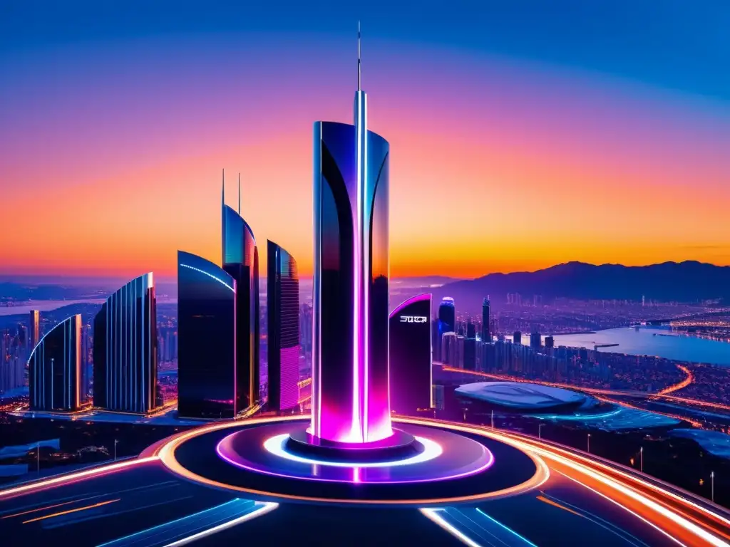 Torre 5G futurista se alza entre un atardecer vibrante, rodeada de una ciudad ultramoderna