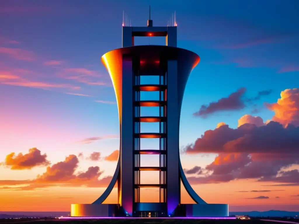 Torre 5G futurista en atardecer vibrante