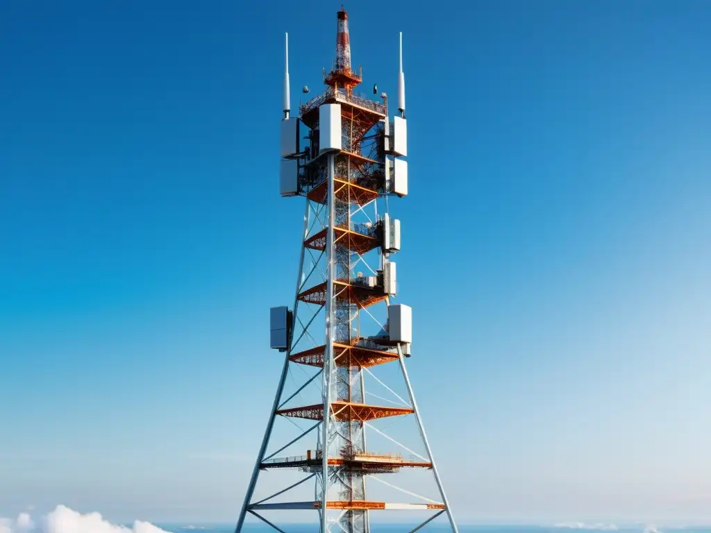 Una torre 5G futurista emerge en un cielo azul claro, destacando la tecnología de vanguardia