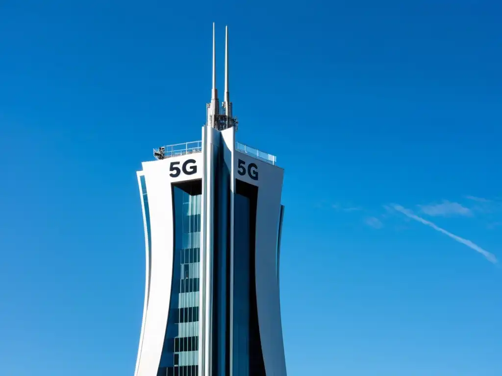 Una torre 5G futurista de metal y vidrio contra un cielo azul claro, simbolizando la privacidad en tecnologías 5G emergentes