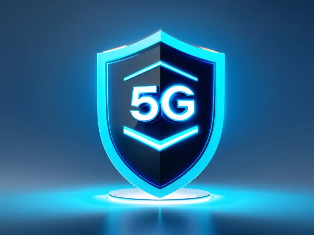 Una torre 5G futurista rodeada por un escudo translúcido, simbolizando la protección de la privacidad en tecnologías 5G emergentes