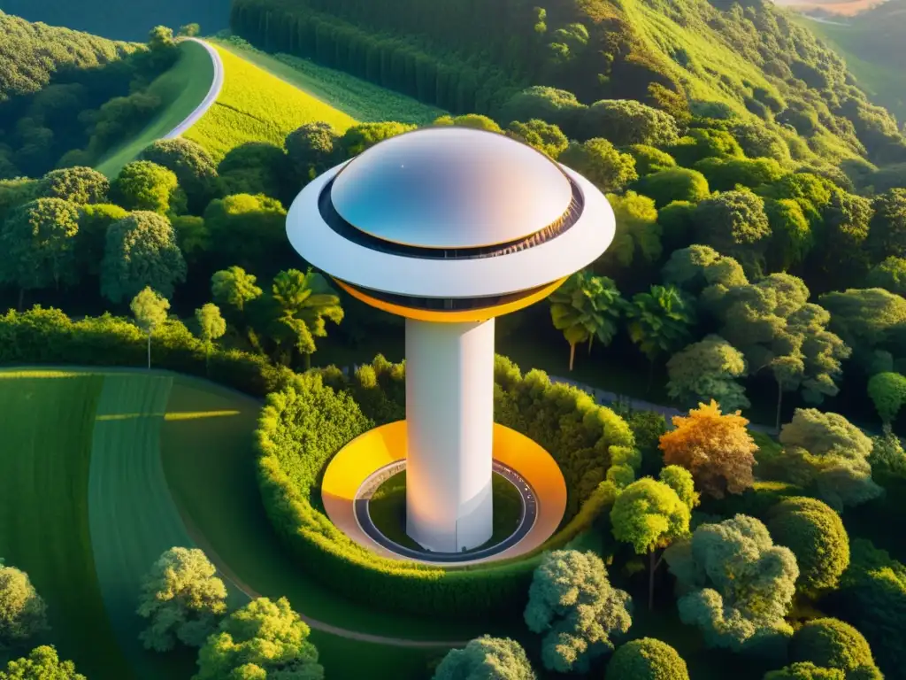 Torre 5G integrada en la naturaleza, con puesta de sol dorada y exuberante vegetación, simbolizando el impacto ambiental tecnología 5G