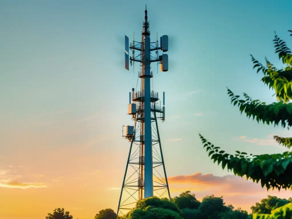 Una torre 5G en medio de exuberante naturaleza al atardecer, transmitiendo armonía entre tecnología y entorno, impacto ambiental tecnología 5G